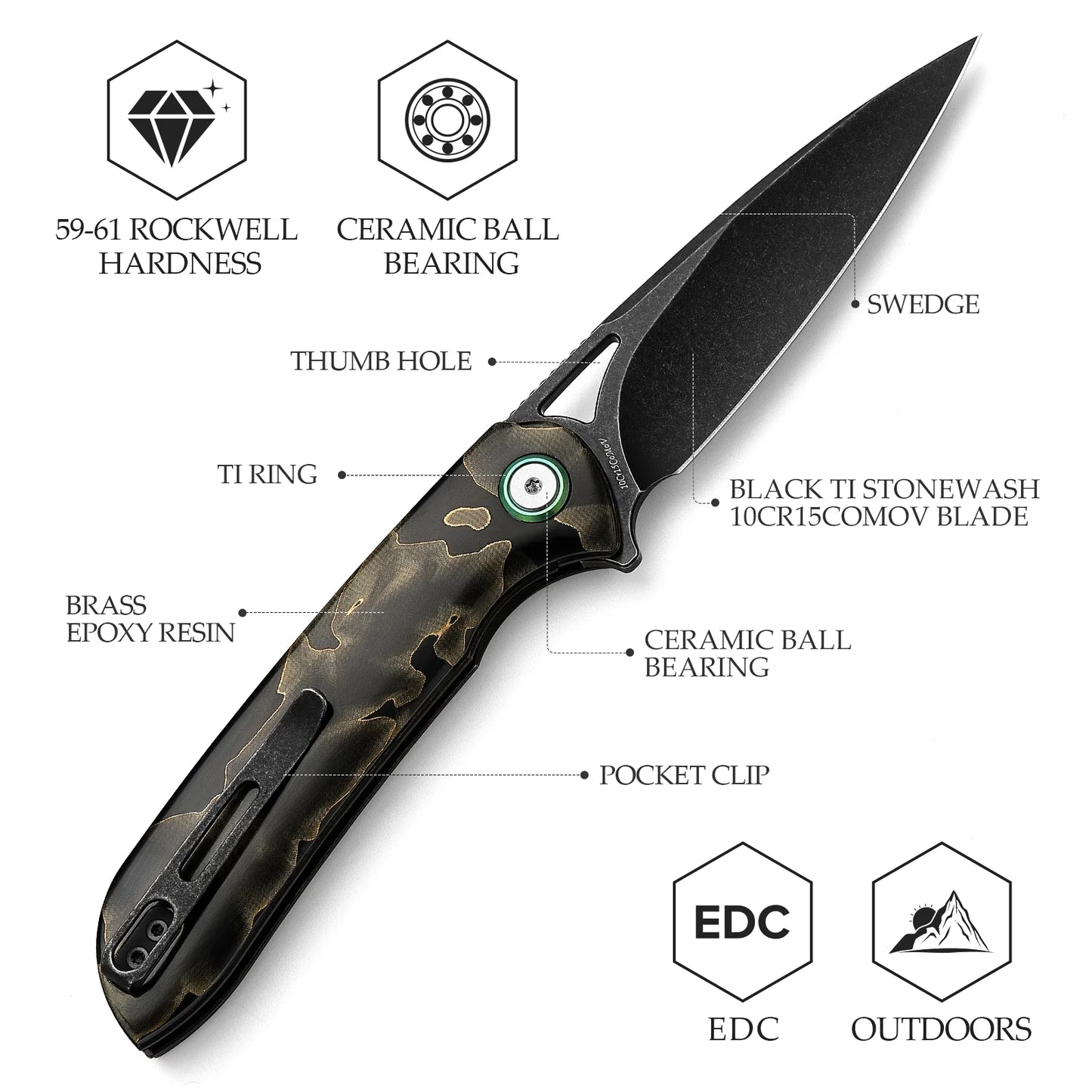TRIVISA SGR-07 Folding Knife Brass Epoxy Resin Handle 10Cr15CoMoV Plain Edge GRN